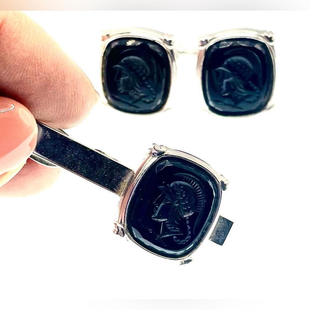 Vintage Silver Tone Black Intaglio Roman Soldier Warrior Cufflinks Tie Clip Set